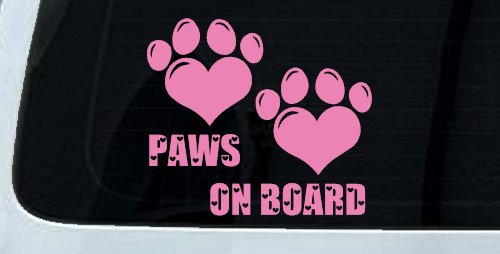 Paws On Board Dog or Cat Hearts Car or Truck Window Decal Sticker (Pink)