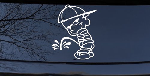 Calvin Peeing facing Left Pee Ons Car or Truck Window Decal Sticker (White)