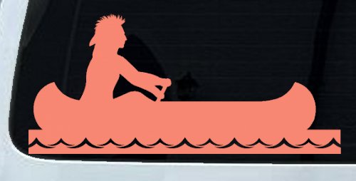 Native American Indian In Canoe Western Car or Truck Window Decal Sticker (Coral)