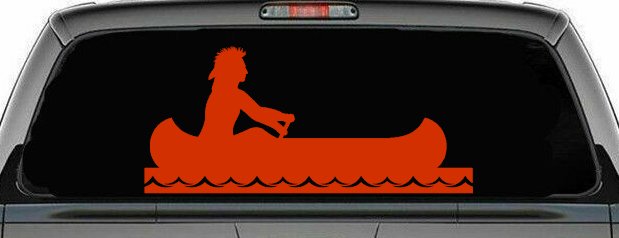Native American Indian In Canoe Western Car or Truck Window Vinyl Decal Sticker (Orange Red)