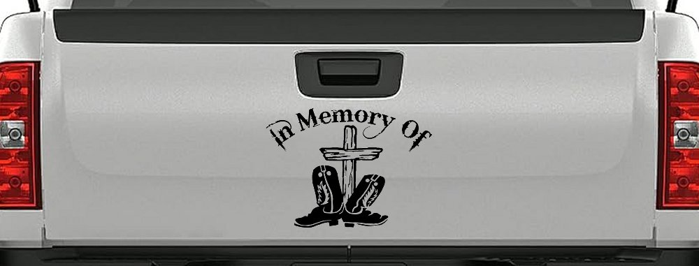 In Memory Of Cowboy Boots and Cross Car or Truck Window Decal Sticker (Black)