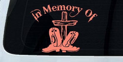 In Memory Of Cowboy Boots and Cross Car or Truck Window Decal Sticker (Coral)