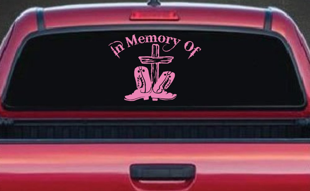 In Memory Of Cowboy Boots and Cross Car or Truck Window Decal Sticker (Pink)
