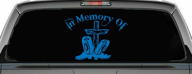 In Memory Of Cowboy Boots and Cross Car or Truck Window Vinyl Decal Sticker (Sky Blue)