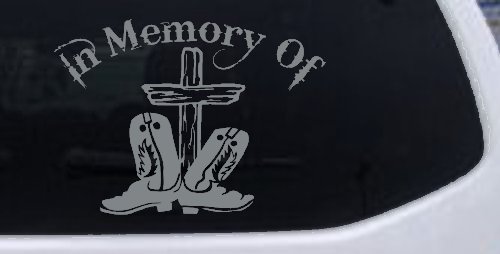 In Memory Of Cowboy Boots and Cross Car or Truck Window Vinyl Decal Sticker (Telegrey)