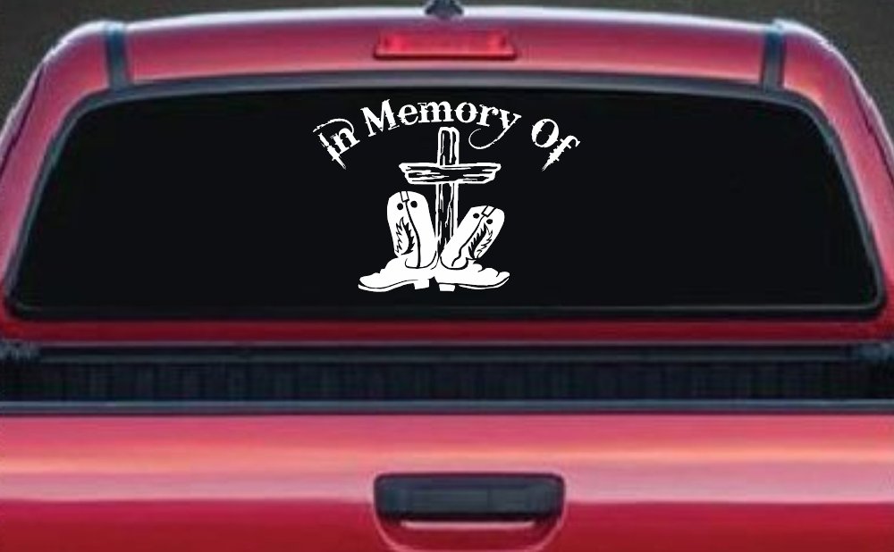 In Memory Of Cowboy Boots and Cross Car or Truck Window Vinyl Decal Sticker (White)