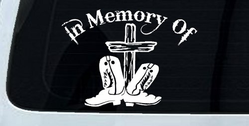 In Memory Of Cowboy Boots and Cross Car or Truck Window Vinyl Decal Sticker (White)