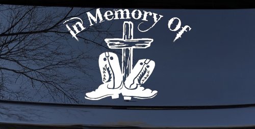 In Memory Of Cowboy Boots and Cross Car or Truck Window Vinyl Decal Sticker (White)