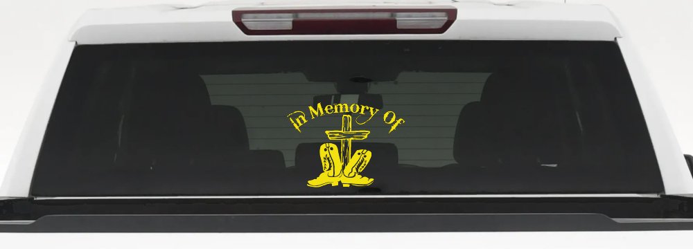 In Memory Of Cowboy Boots and Cross Car or Truck Window Vinyl Decal Sticker (Yellow)