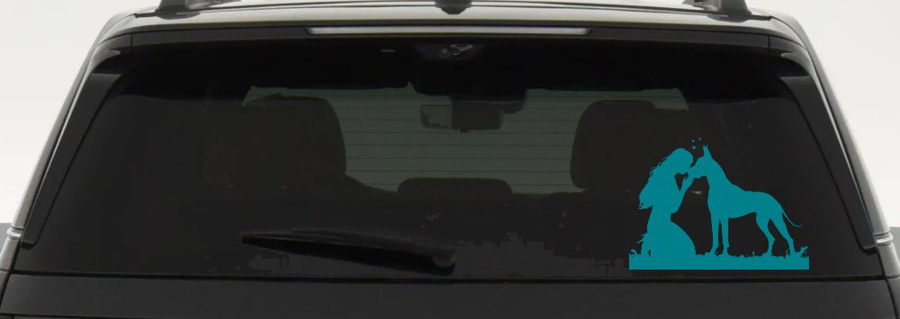 Woman or Girl with her Great Dane Car or Truck Window Decal Sticker (Turquoise Blue)