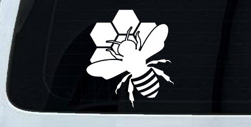 Honey Bee with Honeycomb Car or Truck Window Vinyl Decal Sticker (White)