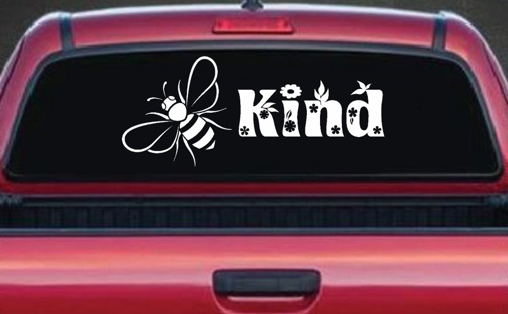 Bee Kind Honey Bee With Flowers Car or Truck Window Decal Sticker (White)