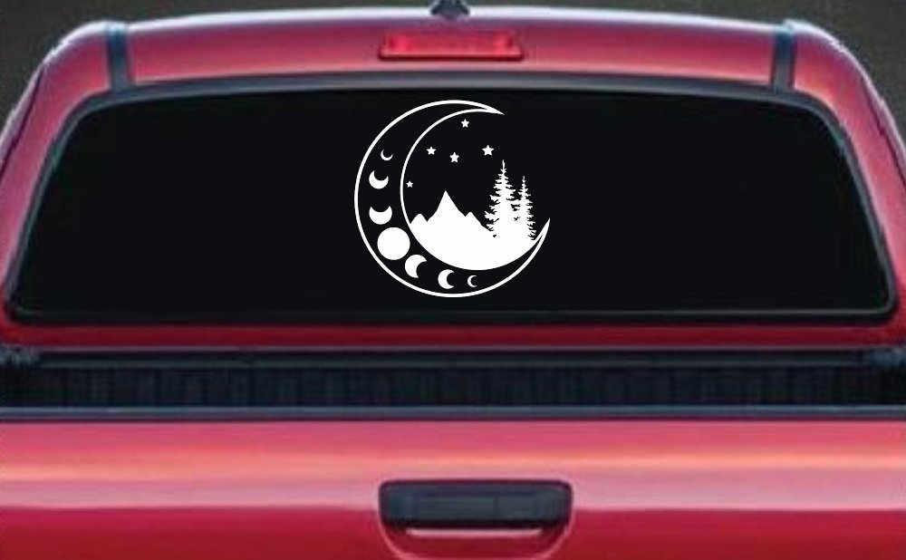 Moon Stars and Mountains Car or Truck Window Decal Sticker (White)