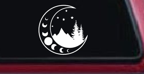 Moon Stars and Mountains Car or Truck Window Decal Sticker (White)