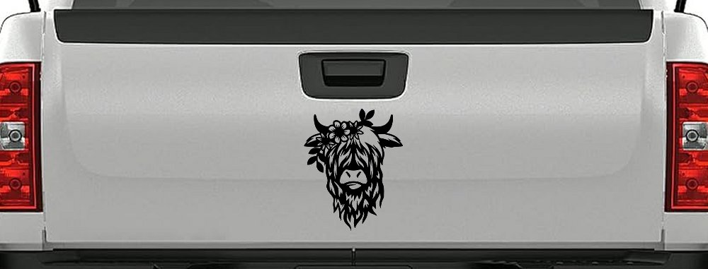 Cute Long Hair Cow with Flowers Car or Truck Window Vinyl Decal Sticker (Black)