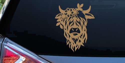 Cute Long Hair Cow with Flowers Car or Truck Window Decal Sticker (Light Brown)