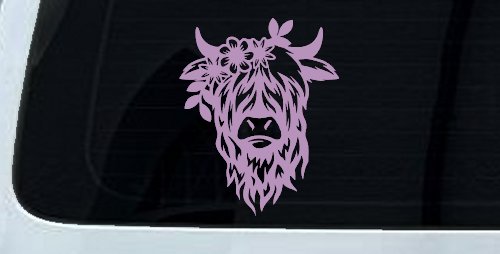 Cute Long Hair Cow with Flowers Car or Truck Window Decal Sticker (Lilac)