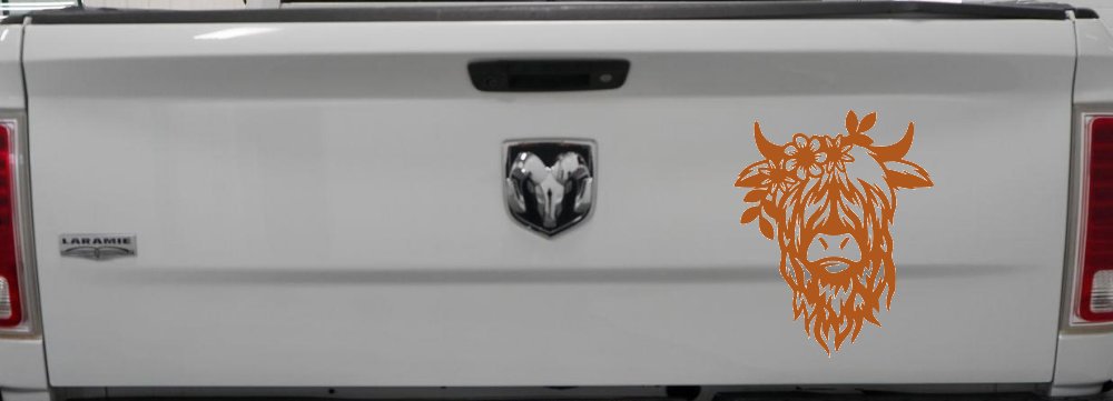 Cute Long Hair Cow with Flowers Car or Truck Window Decal Sticker (Nut Brown)
