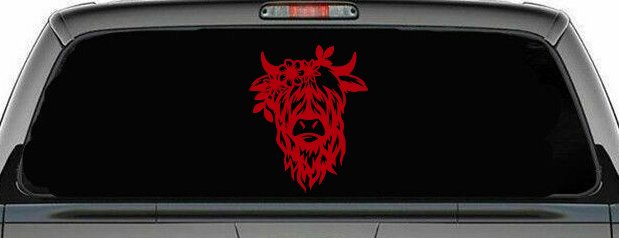 Cute Long Hair Cow with Flowers Car or Truck Window Decal Sticker (Red)