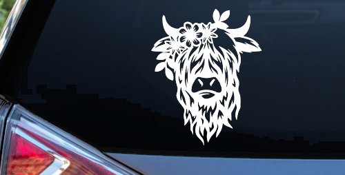 Cute Long Hair Cow with Flowers Car or Truck Window Vinyl Decal Sticker (White)