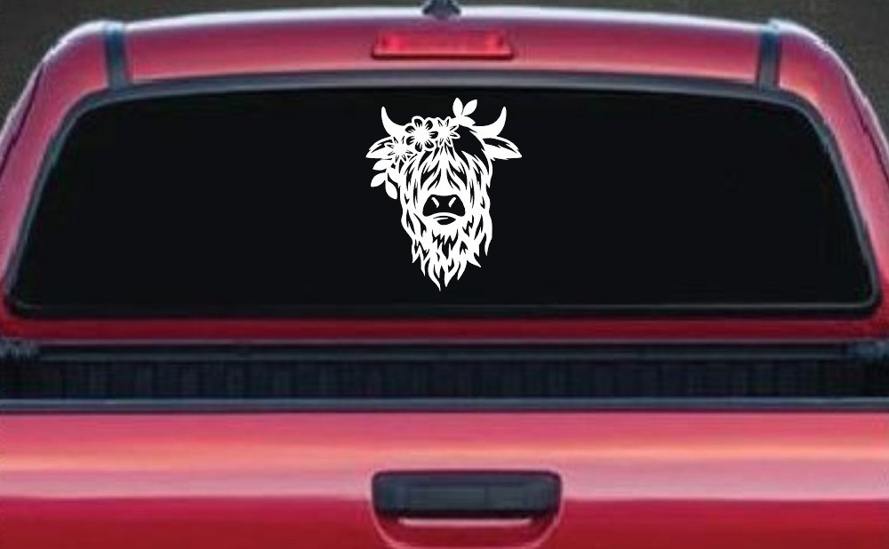 Cute Long Hair Cow with Flowers Car or Truck Window Decal Sticker