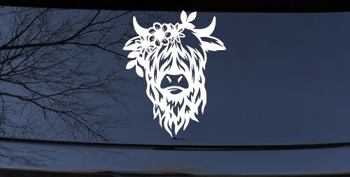 Cute Long Hair Cow with Flowers Car or Truck Window Decal Sticker (White)