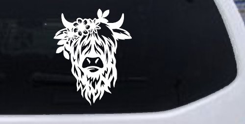 Cute Long Hair Cow with Flowers Car or Truck Window Decal Sticker (White)