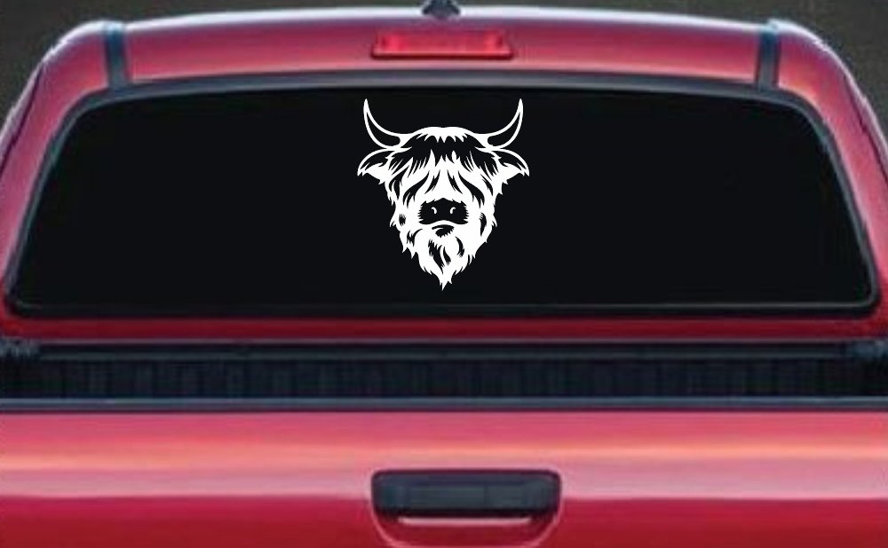 Cute Long Haired Highland Bull Car or Truck Window Vinyl Decal Sticker (White)