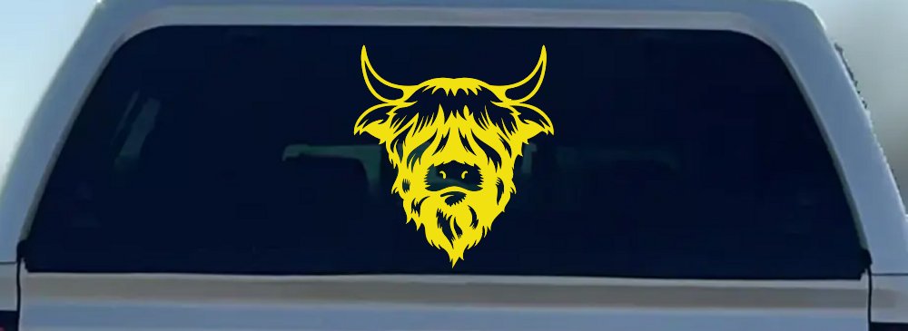Cute Long Haired Highland Bull Car or Truck Window Decal Sticker (Yellow)