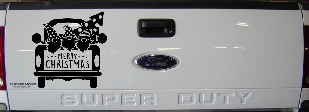 Merry Christmas Gnomes in Truck Bed Christian Car or Truck Window Vinyl Decal Sticker (Black)