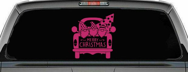 Merry Christmas Gnomes in Truck Bed Christian Car or Truck Window Decal Sticker (Hot Pink)