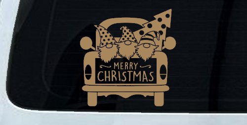 Merry Christmas Gnomes in Truck Bed Christian Car or Truck Window Decal Sticker (Light Brown)