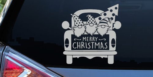 Merry Christmas Gnomes in Truck Bed Christian Car or Truck Window Decal Sticker (Light Gray)