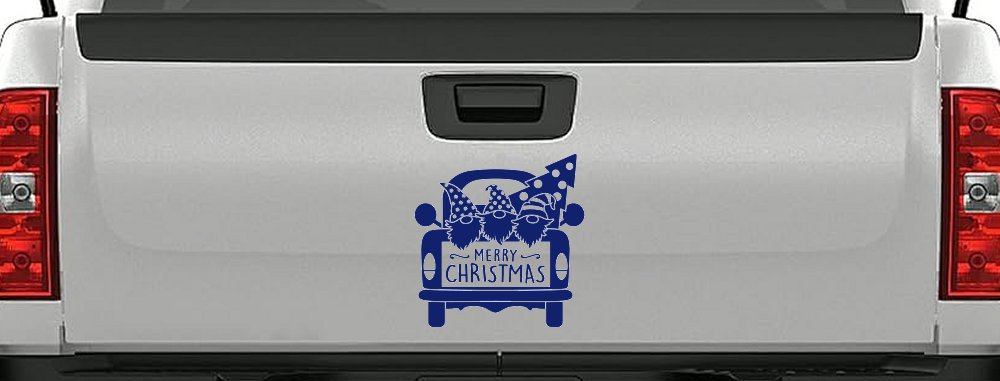 Merry Christmas Gnomes in Truck Bed Christian Car or Truck Window Decal Sticker (Navy)