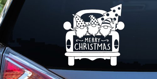 Merry Christmas Gnomes in Truck Bed Christian Car or Truck Window Decal Sticker (White)