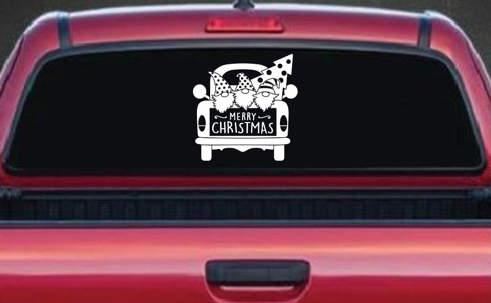 Merry Christmas Gnomes in Truck Bed Christian Car or Truck Window Decal Sticker