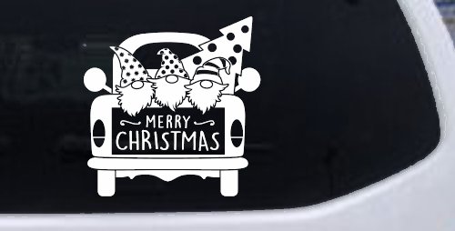 Merry Christmas Gnomes in Truck Bed Christian Car or Truck Window Decal Sticker (White)