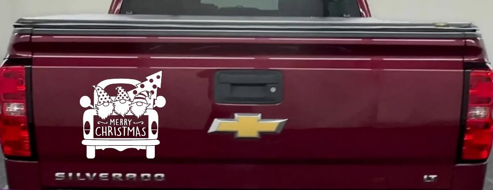 Merry Christmas Gnomes in Truck Bed Christian Car or Truck Window Vinyl Decal Sticker (White)