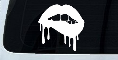 Biting Bleeding Lips Gothic Halloween Car or Truck Window Vinyl Decal Sticker (White)