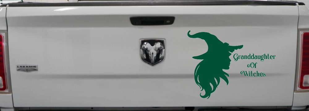 Granddaughter of Witches Gothic Halloween Car or Truck Window Decal Sticker (Dark Green)