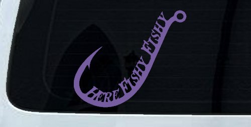 Here Fishy Fishy Fishing Hook Fishing Car or Truck Window Vinyl Decal Sticker (Purple)