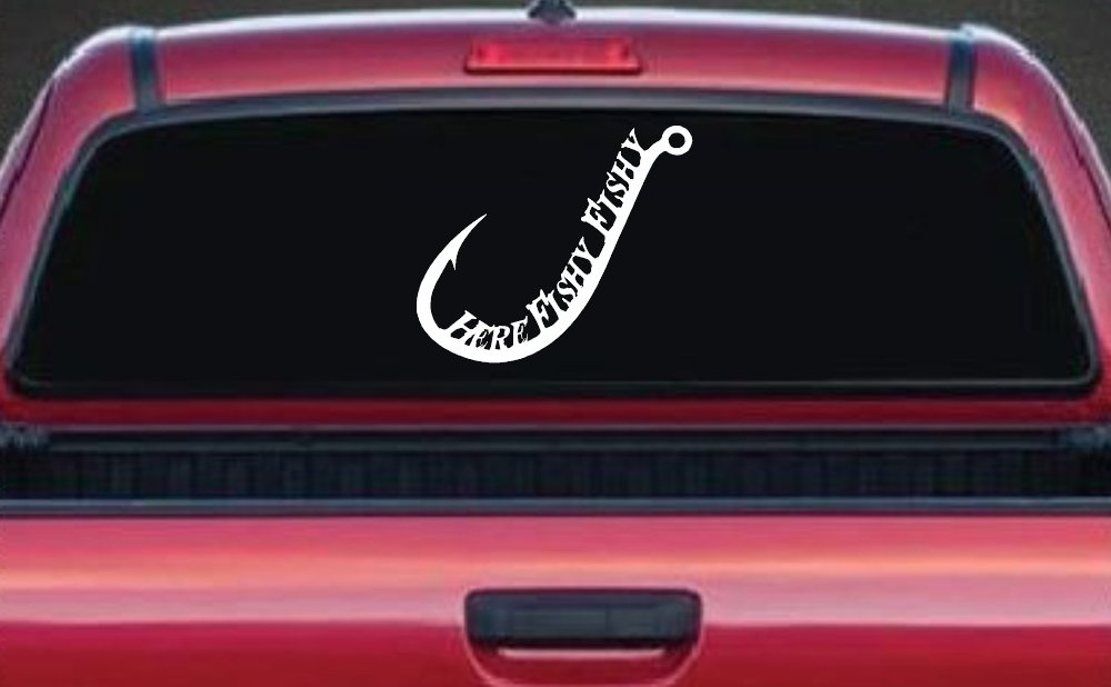 Here Fishy Fishy Fishing Hook Fishing Car or Truck Window Vinyl Decal Sticker (White)