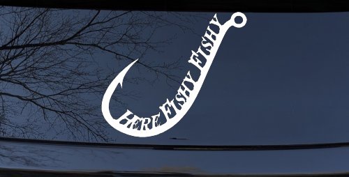 Here Fishy Fishy Fishing Hook Fishing Car or Truck Window Decal Sticker