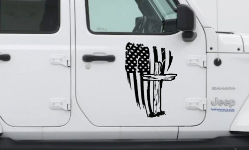 Worn American Flag With Old Wooden Cross Christian Car or Truck Window Vinyl Decal Sticker (Black)