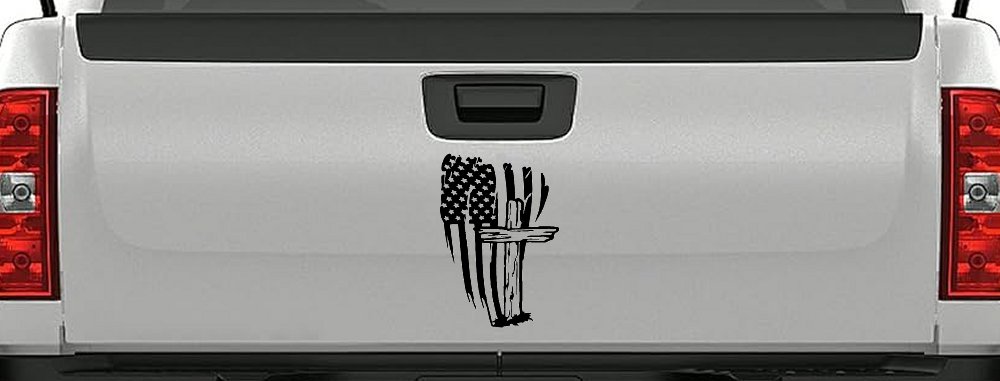 Worn American Flag With Old Wooden Cross Christian Car or Truck Window Decal Sticker