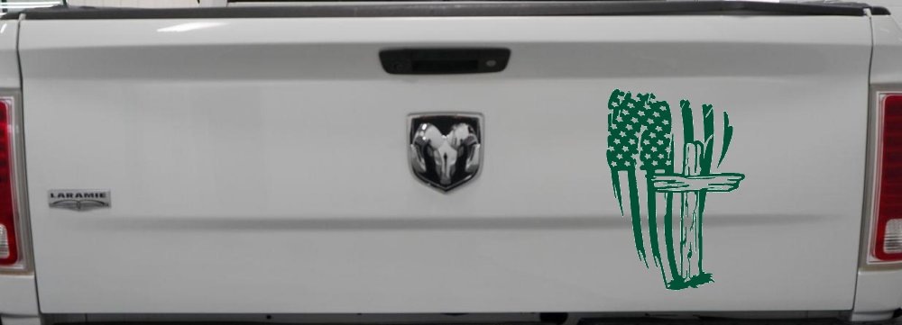 Worn American Flag With Old Wooden Cross Christian Car or Truck Window Vinyl Decal Sticker (Dark Green)