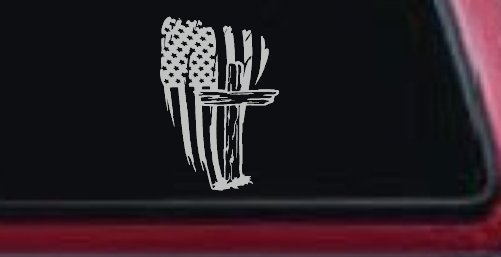Worn American Flag With Old Wooden Cross Christian Car or Truck Window Decal Sticker