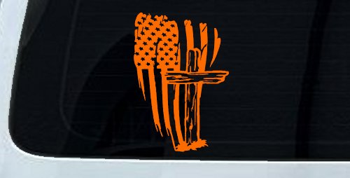 Worn American Flag With Old Wooden Cross Christian Car or Truck Window Vinyl Decal Sticker (Orange)