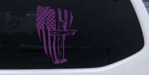 Worn American Flag With Old Wooden Cross Christian Car or Truck Window Decal Sticker (Violet)