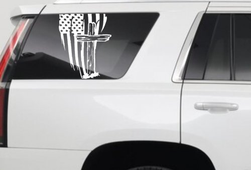 Worn American Flag With Old Wooden Cross Christian Car or Truck Window Vinyl Decal Sticker (White)